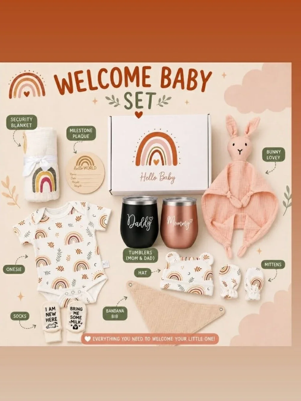 Welcome Baby Set - Peach Rainbow Newborn Gift Box Girls